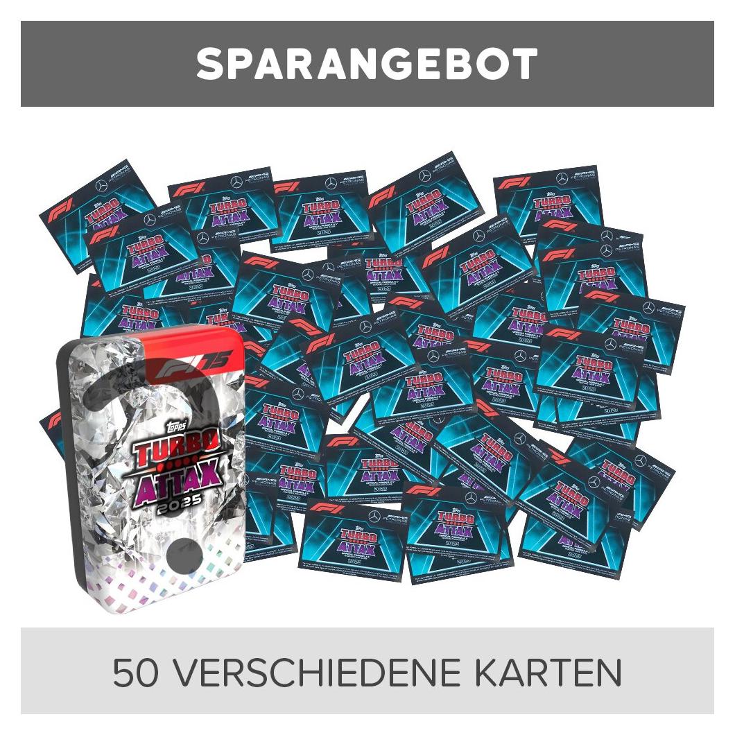 Topps - Turbo Attax Formel 1 2023 - Trading Cards - 50 verschiedene, zufällige Karten + 1 zufällige leere Tin Dose