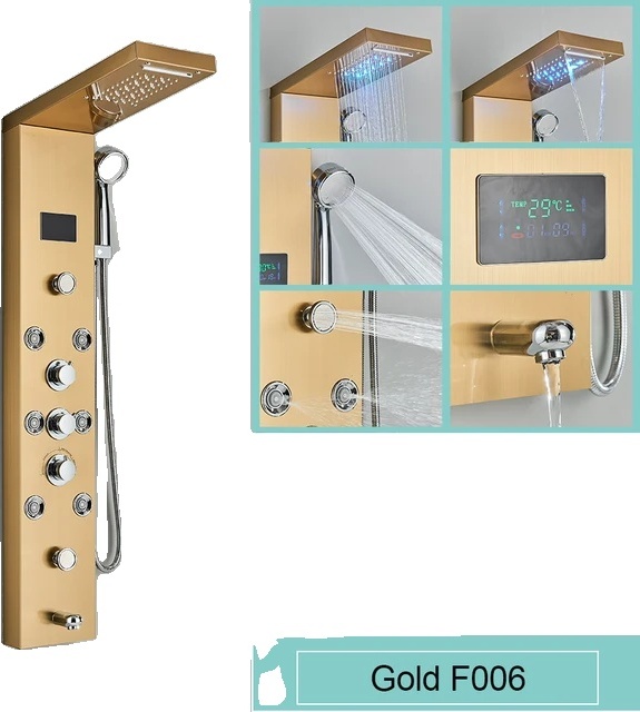 LED Duschpaneel, Wasserfall Regendusche, SPA Massagestrahl, 8009 Gold