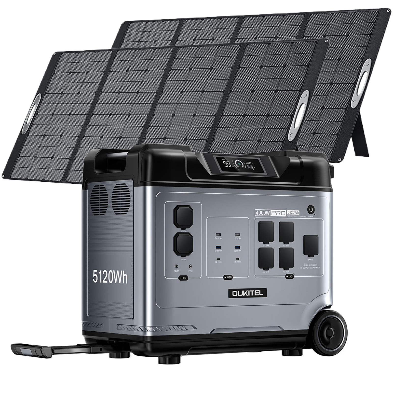 OUKITEL P5000 Pro generátor 4000W solárne úložisko 5120Wh LiFePO4 batéria + 2 ks OUKITEL PV400E 400W solárny panel, IPX4 vodotesná skladacia solárna nabíjačka