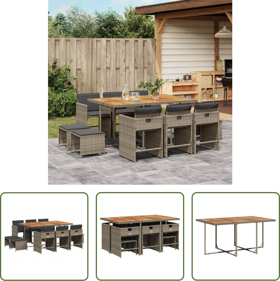 The Living Store 11-dielny záhradný jedálenský set s vankúšmi sivý polyratan