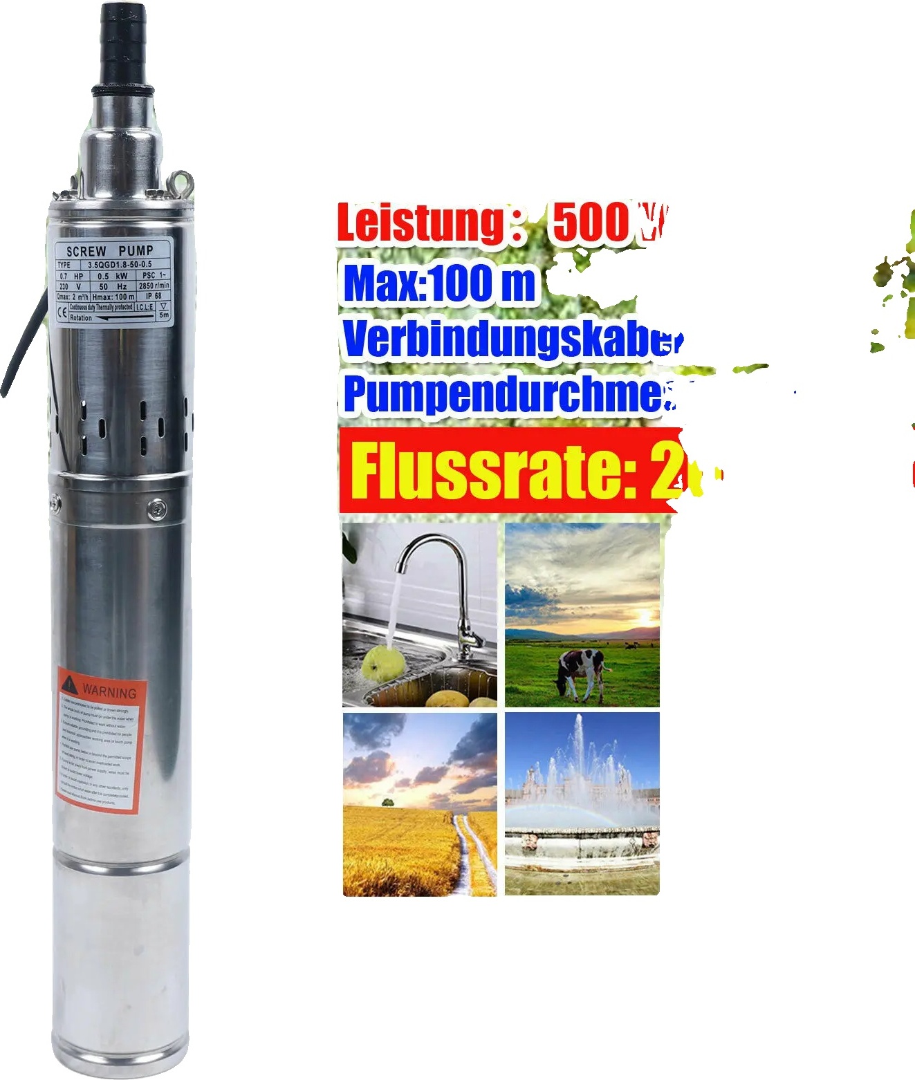 Ponorné záhradné čerpadlo z nehrdzavejúcej ocele, prietok 2000 l/h, maximálna výtlačná výška 100 m, 230 V, EÚ