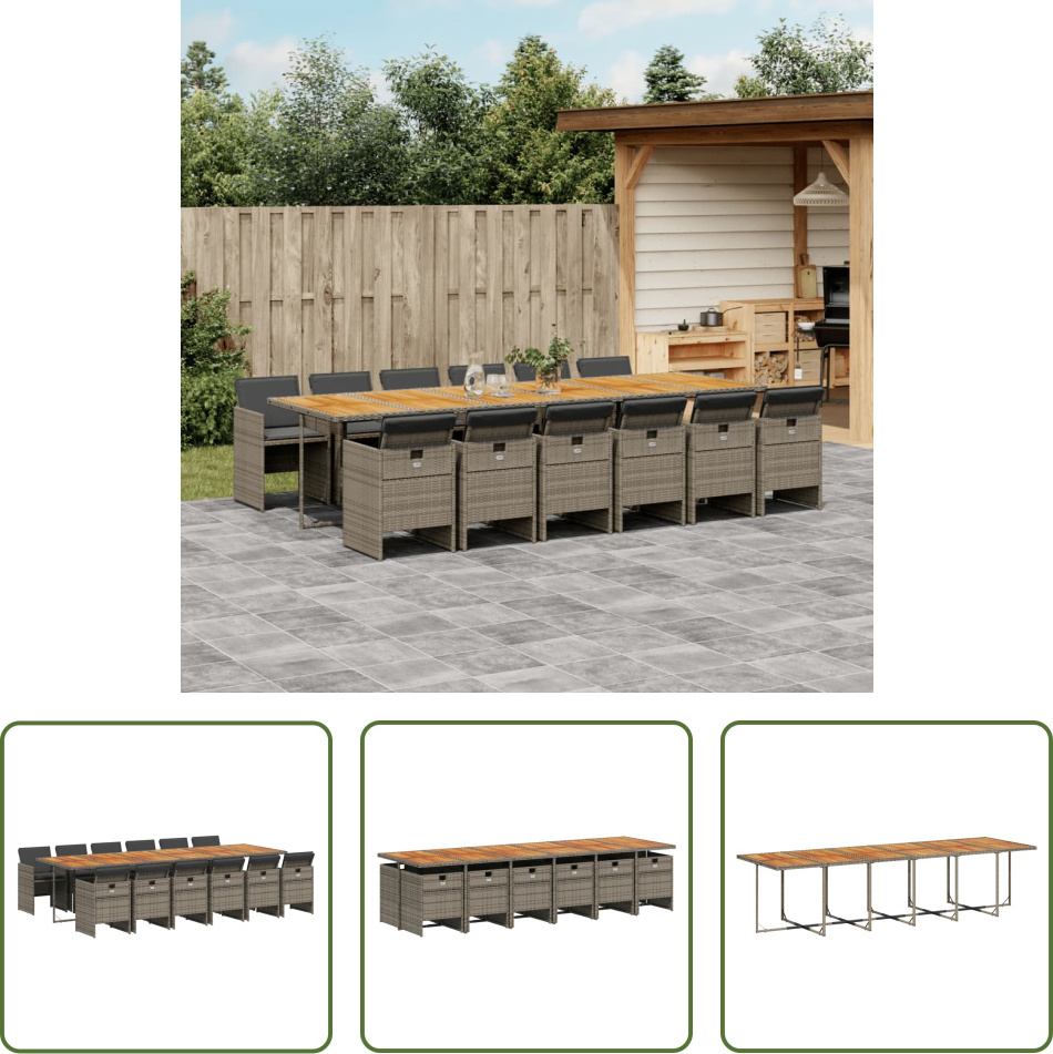 The Living Store 13-dielny záhradný jedálenský set s vankúšmi sivý polyratan