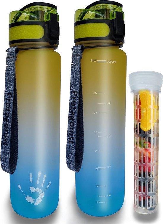 Unyqoos® Tritan-Trinkflasche 1 L, BPA-frei – leichte, bruchsichere Sport- & Wasserflasche mit Soft-Touch, Fruchteinsatz und Einhandöffnung, blau-gelb