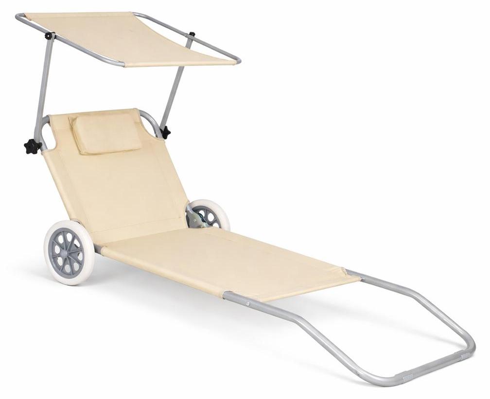 Unbarnded Strandliege mit Rädern und Sonnendach klappbar Beige Gartenliege Transportfunktion 120 kg