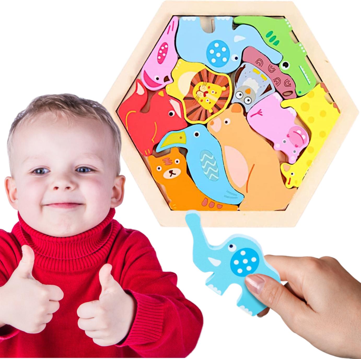 JDS Buntes Holzpuzzle mit Rahmen - Tiermuster