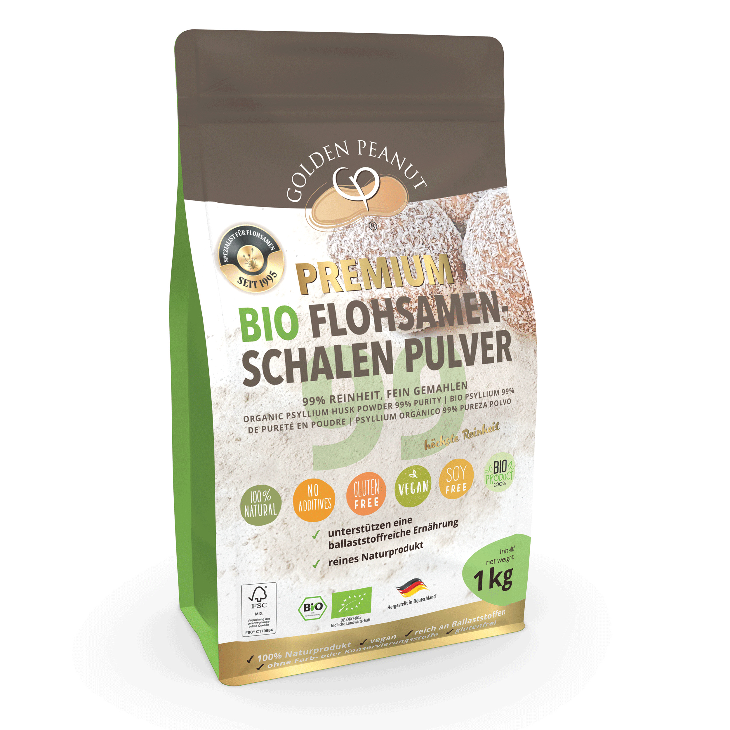 GOLDEN PEANUT Flohsamenschalen Pulver BIO 99% 1 kg – Premium Psyllium Pulver, fein gemahlen ohne Zusätze, glutenfreie Backzutat 30113-02