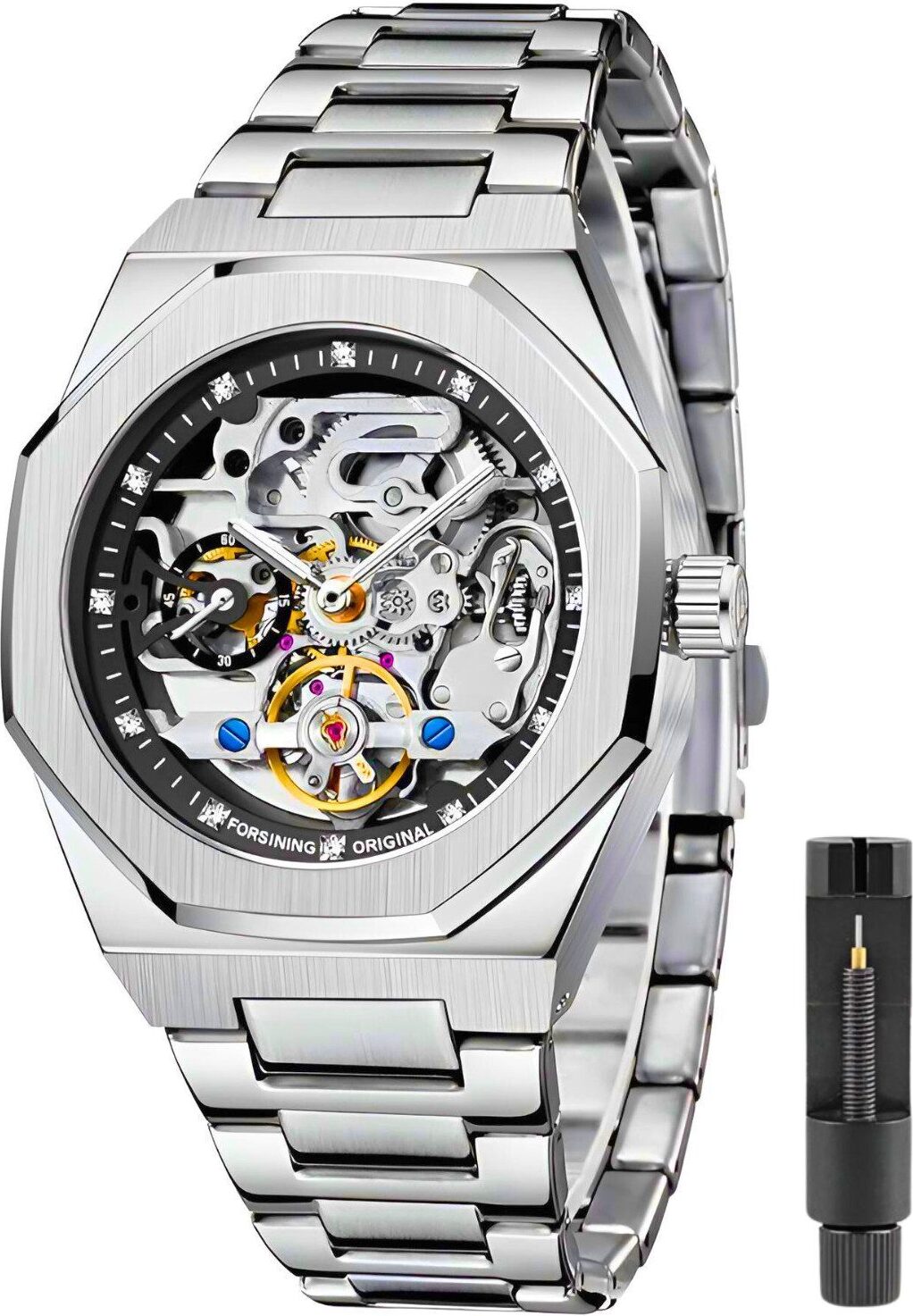 Automatické hodinky Mechanické pánske hodinky Skeleton Pánske hodinky z nehrdzavejúcej ocele Osemhranné vodotesné