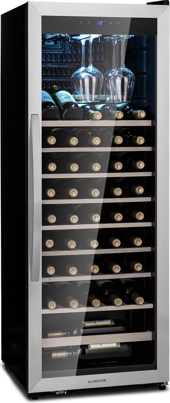 Klarstein Weinkühlschrank, Getränkekühlschrank Schmal, Kühlschrank mit Glastür, Getränkekühlschränke Freistehend, Weinkühlschrank Klein, Weinkühlschränke 1 Zonen, UV-Schutz, 4-18 °C, 46 Flaschen 35