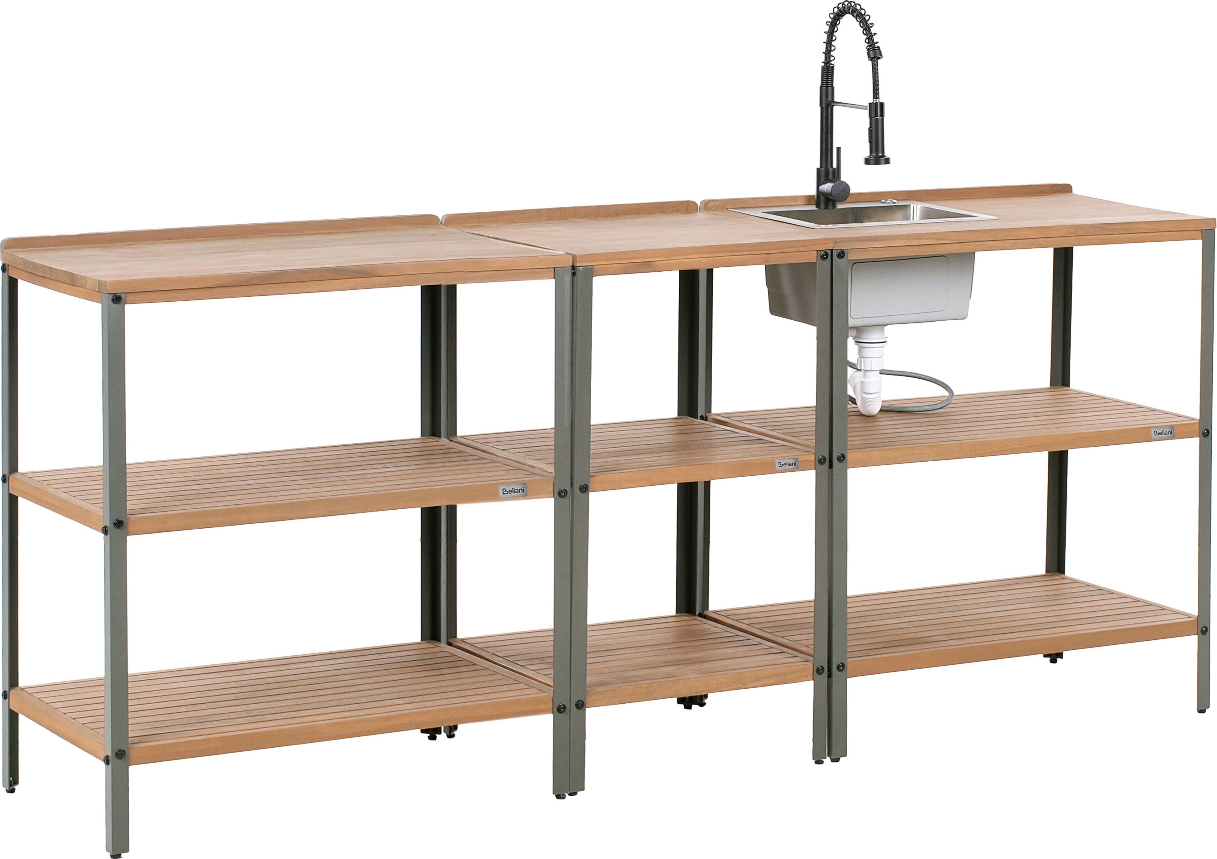 BELIANI Vonkajší kuchynský ostrovček s policami a drezom hnedé akáciové drevo čierna batéria nerezová oceľ záhradná letná kuchyňa