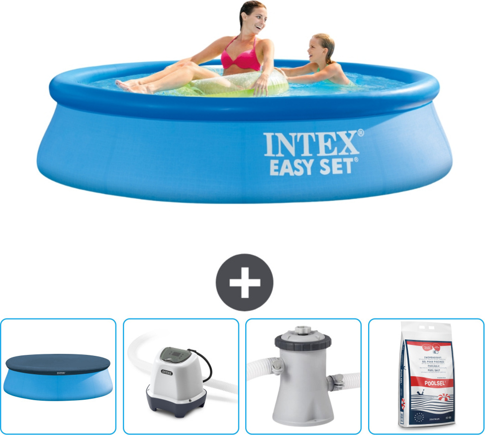 Okrúhly nafukovací bazén Intex Easy Set - 244 x 61 cm - modrý - vrátane krytu - systém so slanou vodou - filtračné čerpadlo pre bazén - bazénová soľ