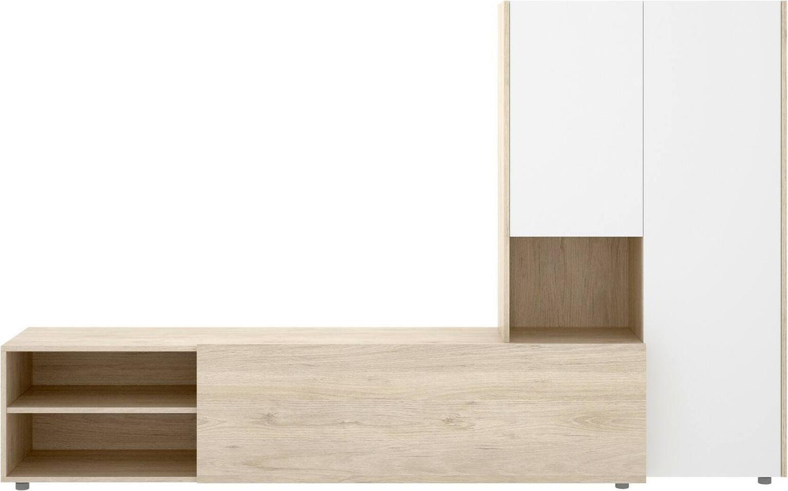 Dmora Wohnzimmermöbel Ainos, Modulares Wohnzimmerset, Mehrzweck-Wohnzimmermöbel, Moderner TV-Schrank, 227x40 h141 cm, Weiß und Eiche