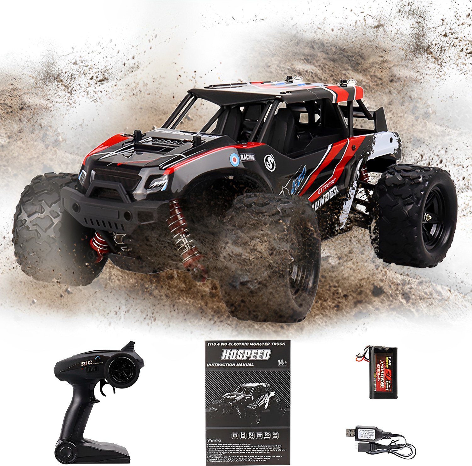 keepgogo Ferngesteuerte Autos, RC-Auto, Ferngesteuertes Auto, 1:18 4WD Monster Truck, 30 km/h Ferngesteuerte Fahrzeuge, 2.4 GHz RC Spielfahrzeuge, RC Offroader, Elektrofahrzeug mit 7,4 V Batterie, für Kinder und Erwachsene