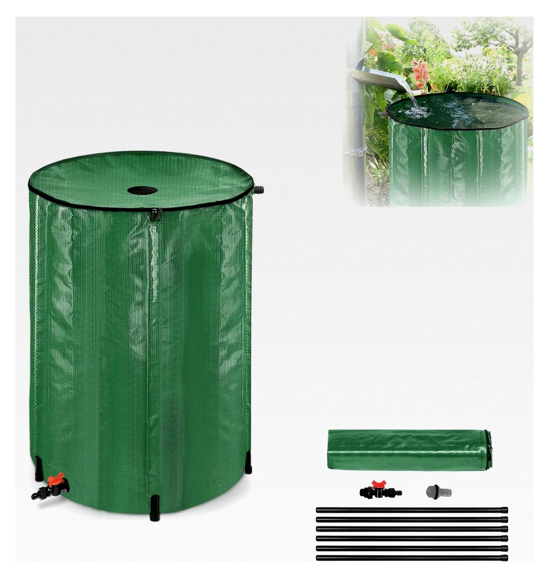 Markenlos Faltbare Regentonne 200 Liter, Regenwassertonne mit Wassereinlassgitter und Abflussventil, PVC für die Regenwassersammlung zur Gartenbewässerung, Grün