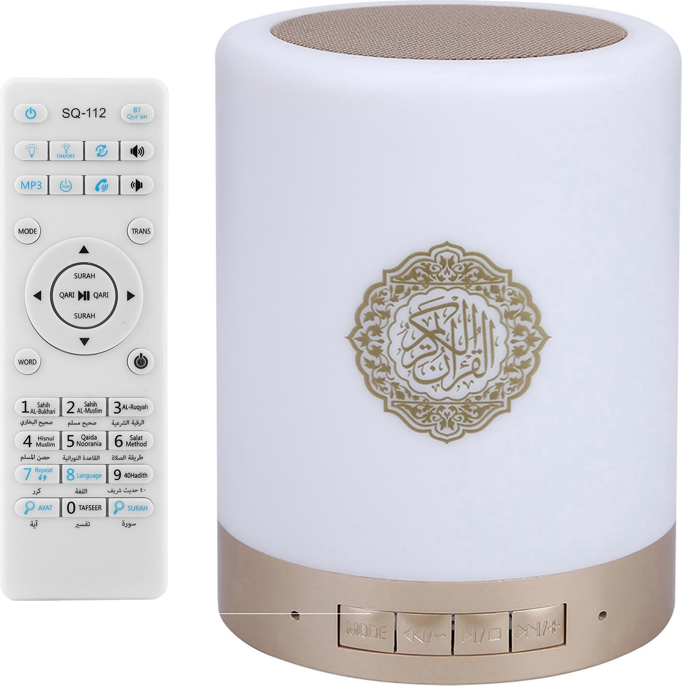 Reproduktor Coran, Bluetooth dotykový reproduktor Korán s LED lampou, zmena farby, bezdrôtové diaľkové ovládanie, 8G TF karta