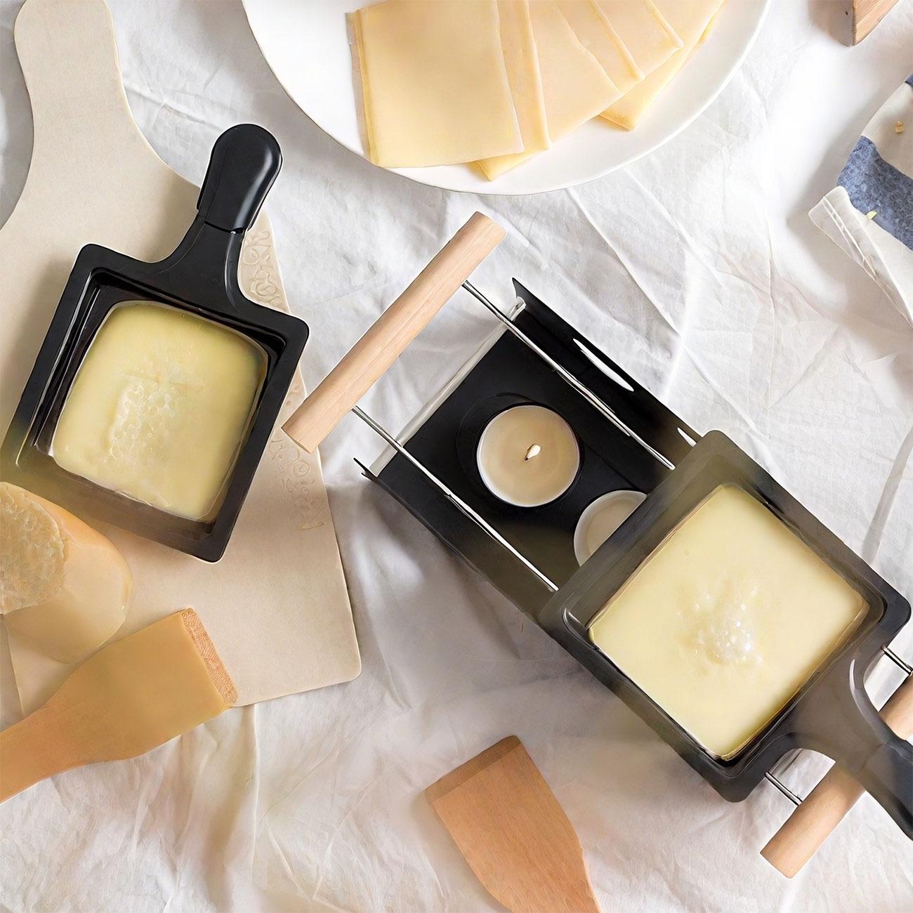 ideoon Raclette-Teelicht für 2 Personen, Raclette Set ohne Strom inkl. Teelichtern und Schaber, Metall, ideal für Balkon, Camping & unterwegs CH10855