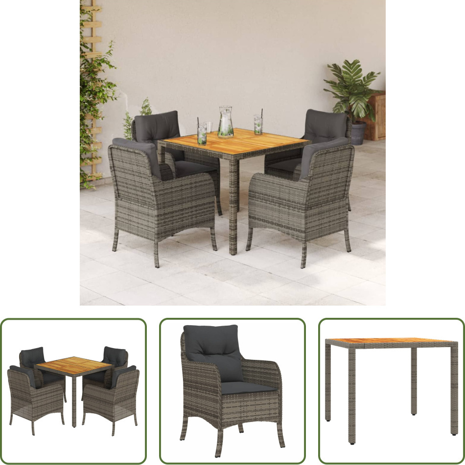The Living Store 5-dielny záhradný jedálenský set s vankúšmi sivý polyratan