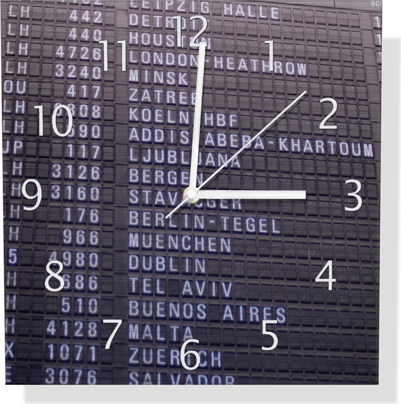 Wallario Design Wanduhr Flughafen Abflugtafel aus Aluverbund, Größe 30 x 30 cm udi0065-3030