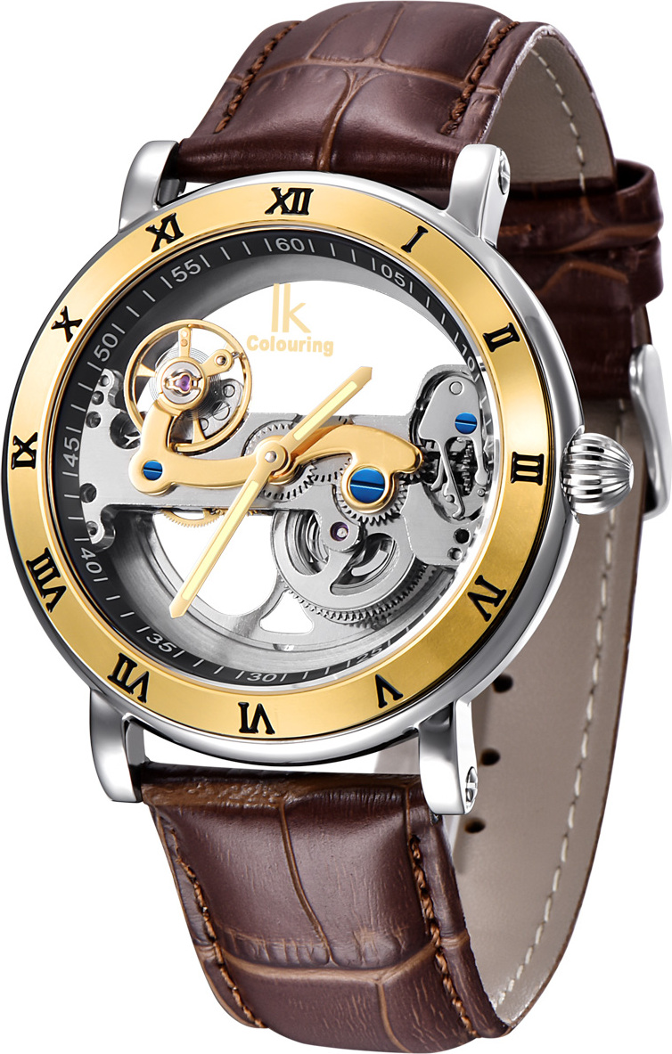 Alienwork IK Automatikuhr Armbanduhr Herren Damen Silber Lederarmband Braun Skelett Glasboden 5-98399G-MS-S-R1