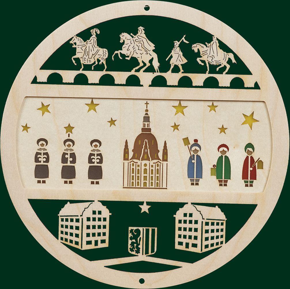 Erzgebirgische Volkskunst Richard Glässer Fensterbild Frauenkirche mit Kurrende HxB= 15x15cm NEU 20205