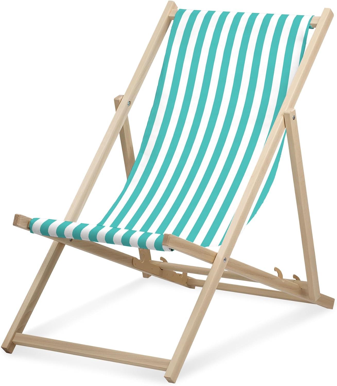 Lehátko - úzke pruhované - tyrkysové - skladacie - z bukového dreva - nosnosť do 95 kg - 3-smerovo nastaviteľné operadlo - plážové lehátko
