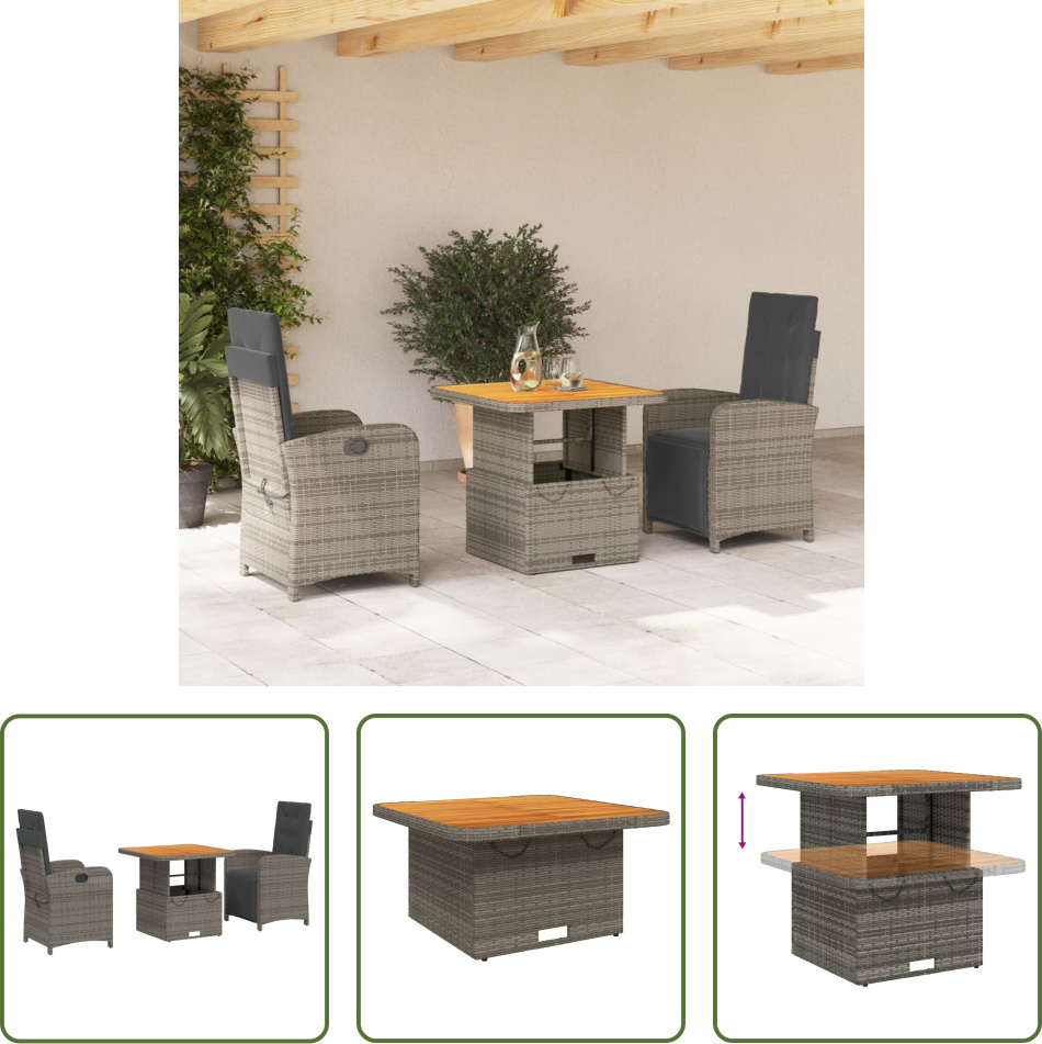 The Living Store 3-dielny záhradný jedálenský set s vankúšmi sivý polyratan