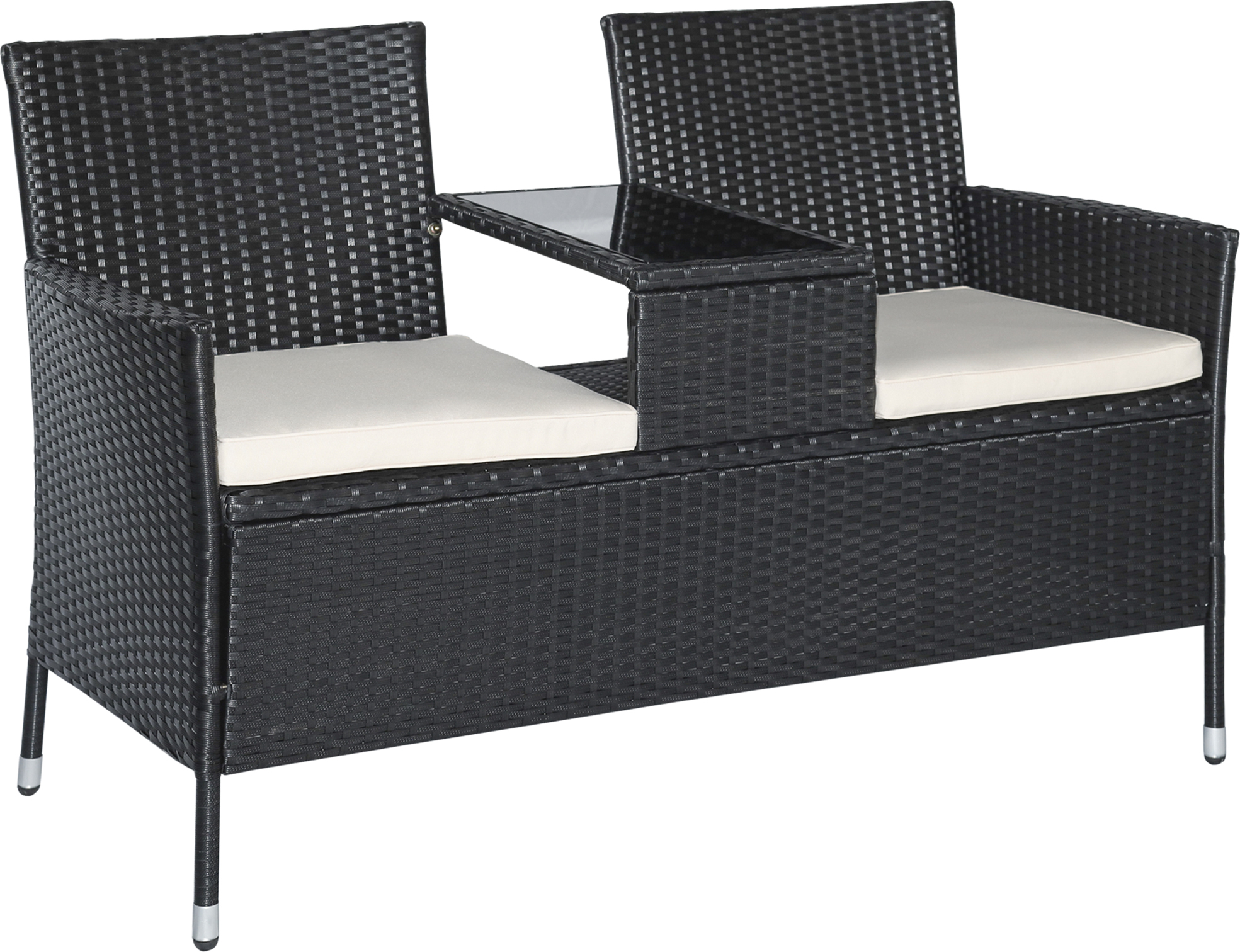 Outsunny záhradná lavica polyratan 2-miestna lavica so stolom odolná voči UV žiareniu s nosnosťou do 240 kg balkónová lavica na záhradu terasu balkón 133x63x84cm, čierna