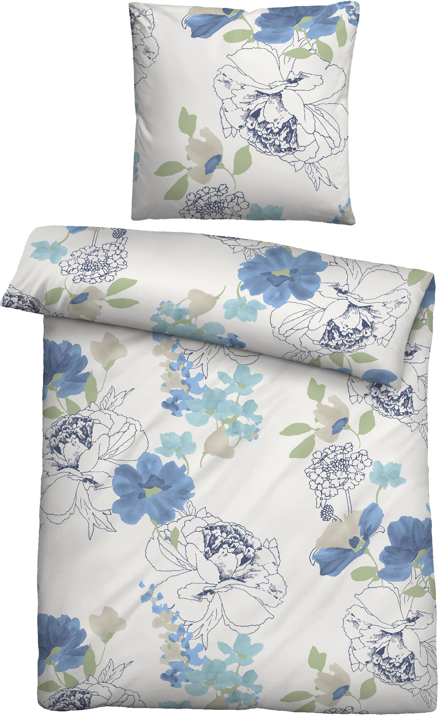 Castell Feinbiber-Bettwäsche FLOWERPOWER taubenblau 1x 155x220 cm + 1x 80x80 cm