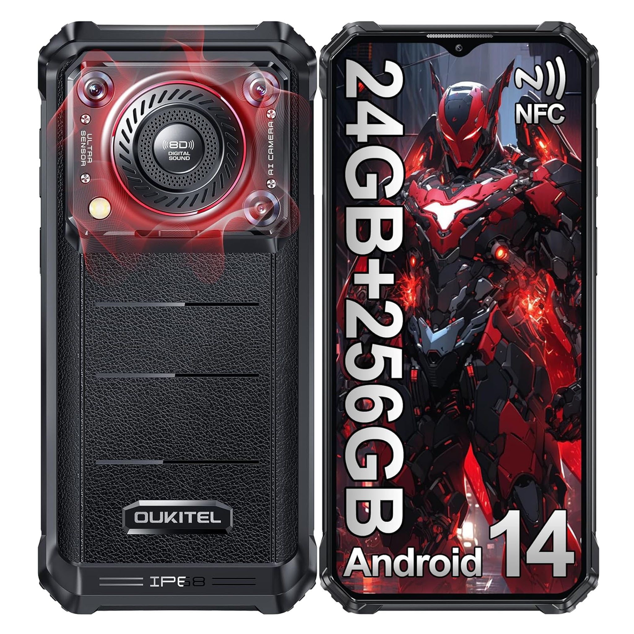 OUKITEL WP36 PRO outdoorový mobilný telefón so 128dB reproduktorom, 24GB+256GB 10600mAh Android 14 outdoorový smartfón bez zmluvy 6,52" Dual SIM 4G/IP68 mobilný telefón/NFC
