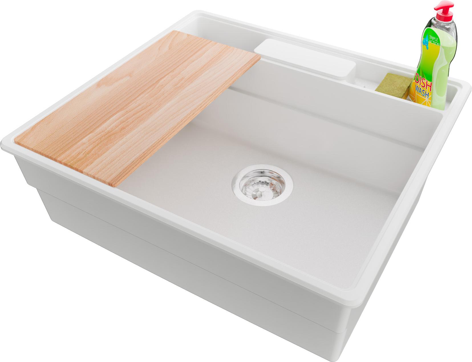 PRIMAGRAN Spülbecken Weiß 58x53cm, Granitspüle 1 Becken + Ablauf-Set + Küchenzubehörset, Küchenspüle ab 60er Unterschrank - New York