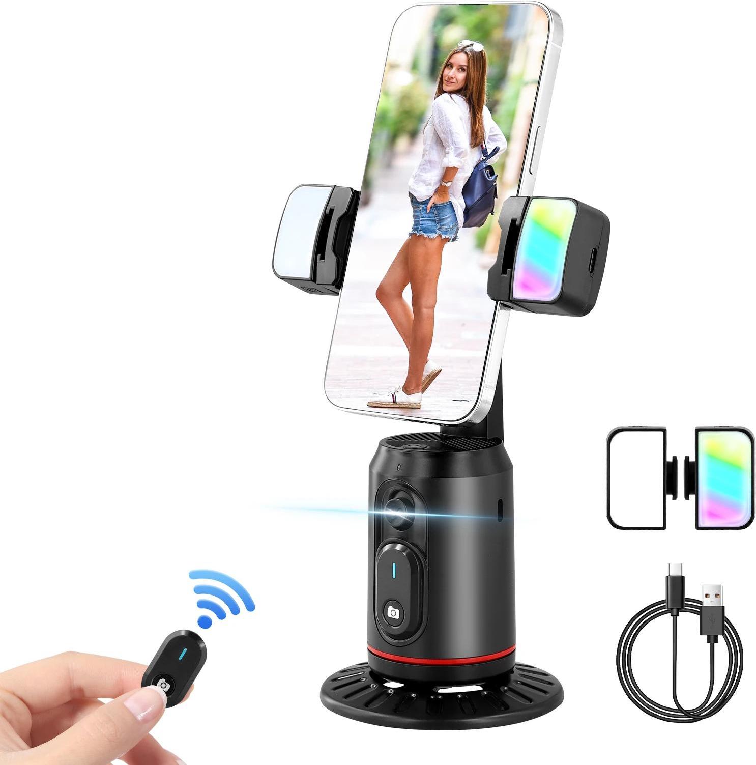 Držiak na mobilný telefón s automatickým sledovaním tváre, stojan na telefón a inteligentný držiak na kameru, s diaľkovým ovládaním a svetlom na živé vlogovanie/prenosy, čierny