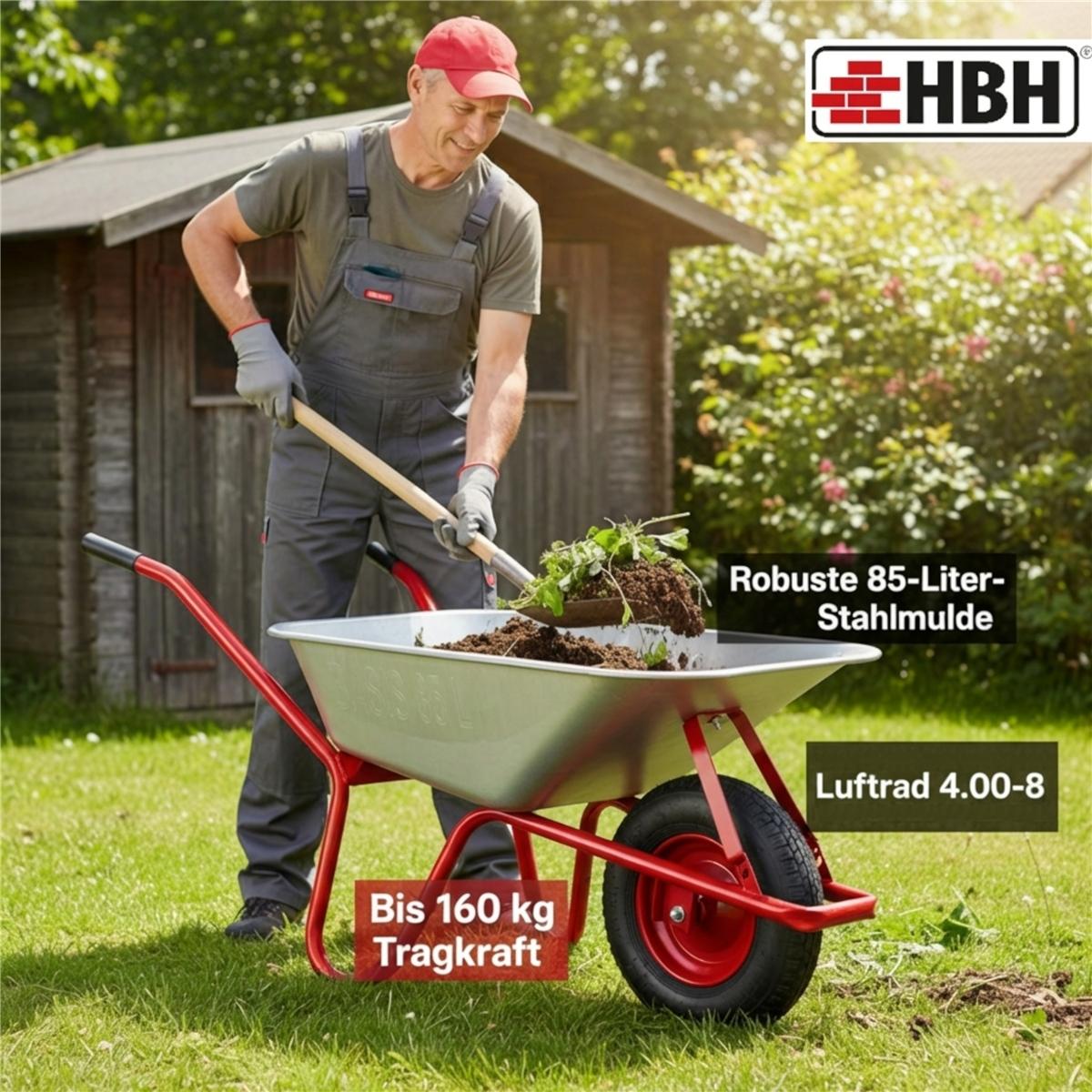 HBH® Schubkarre 85 Liter Garten Farbe rot Profi Gartenschubkarre Luftrad 160kg SK85LURO
