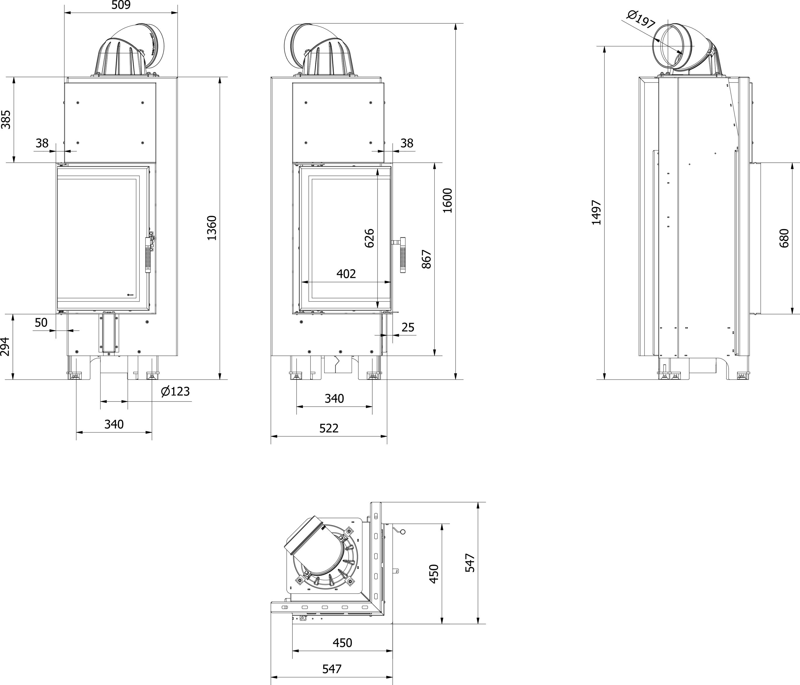 Oceľový krb KRATKI MBN ľavý 10 kW Ø 200 samozatváracie dvierka