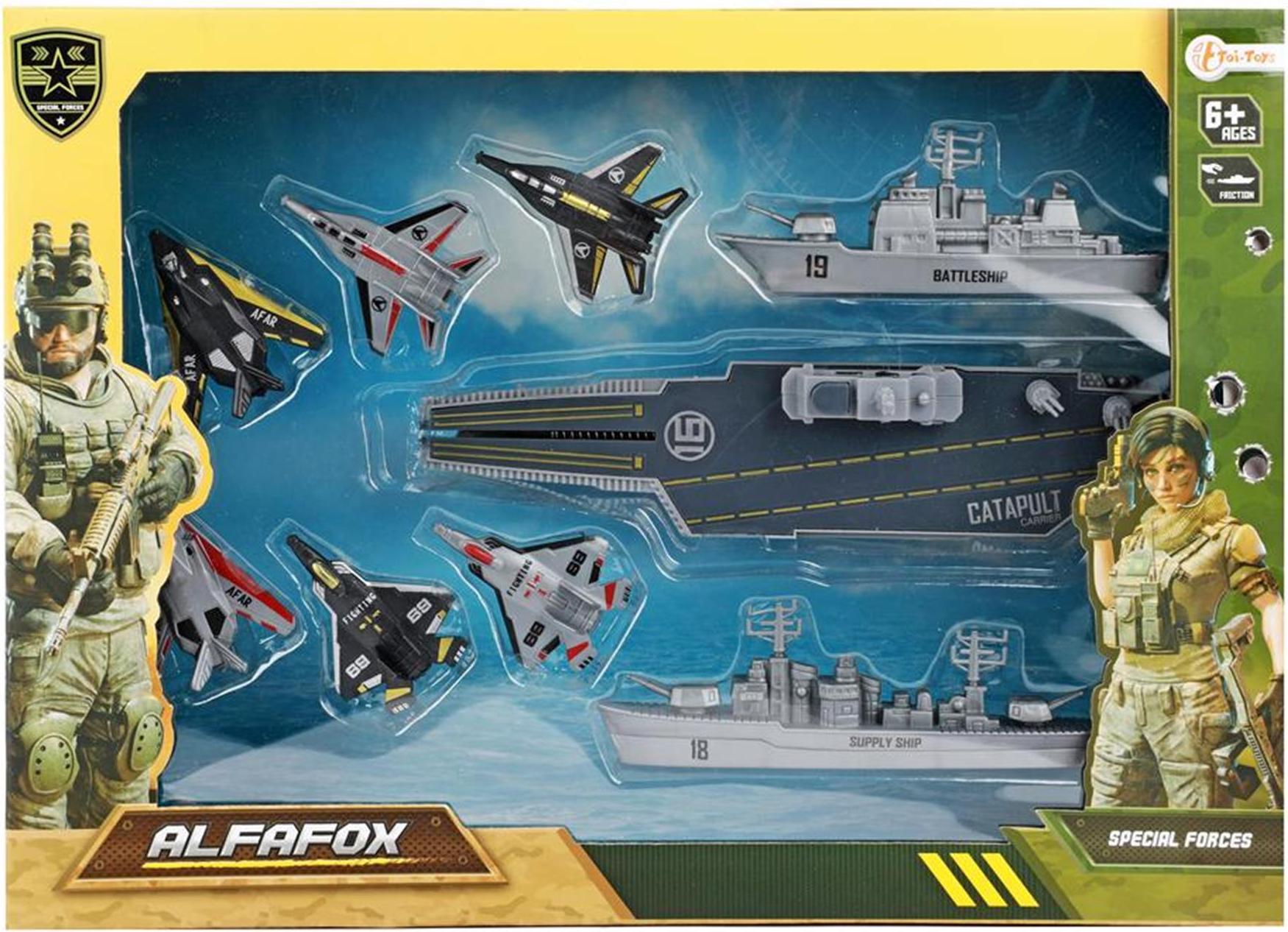Toi-Toys ALFAFOX Militär Flugzeugträger – Set mit Abschuss-Kampfjets & Booten ab 6 Jahren 26852A