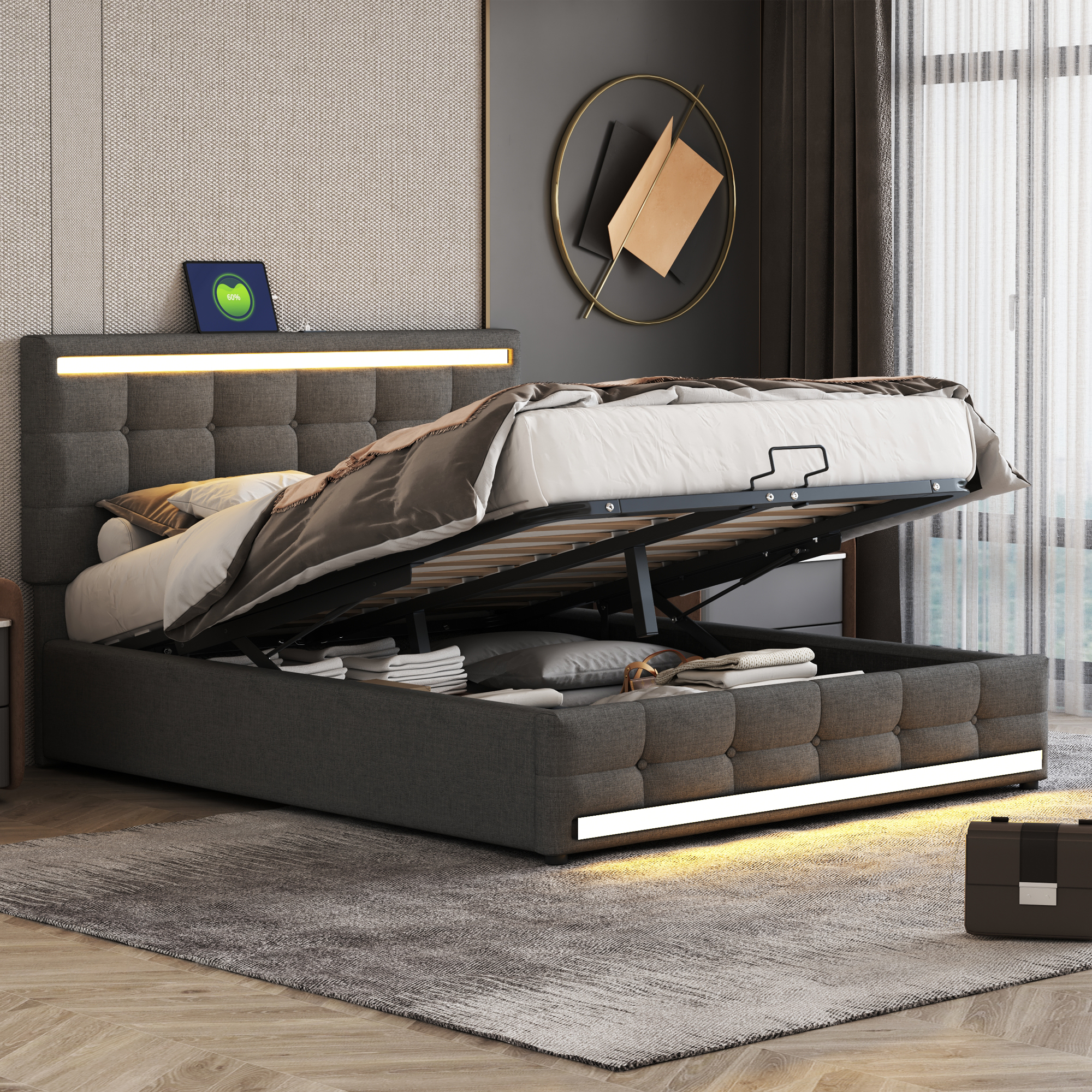 Flieks Čalúnená posteľ 140x200 cm s 2 USB, Boxspring posteľ Manželská posteľ s úložným priestorom a lamelovým rámom, Posteľ pre mladých s led osvetlením, Funkčná posteľ z masívneho dreva, posteľná bielizeň, sivá