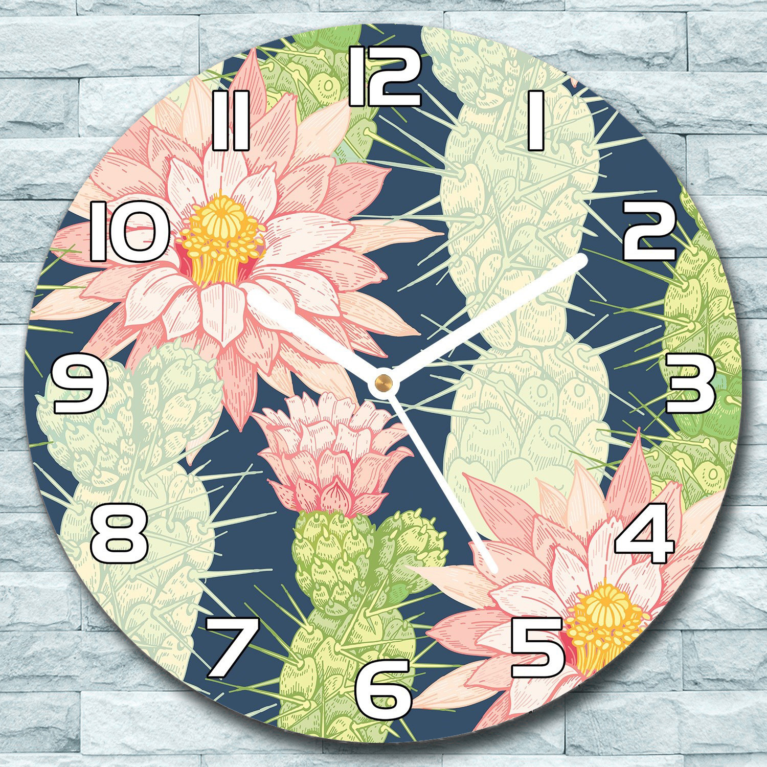 coloray Wanduhr aus Glas Rund fi 30 Kakteenblüten Kaktus Quarz Deko Schlafzimmer Büro zso-white-f30-bloomsy-81