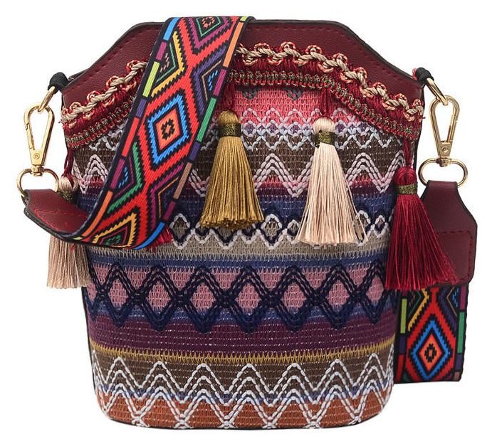 Meoiruery Rote, einheitliche Größe, ethnische Schultertasche für Damen, modische Quasten, ethnische Reisetasche, bestickt, gewebt für Damen KAU-ER-LYS-PH-20260311-193