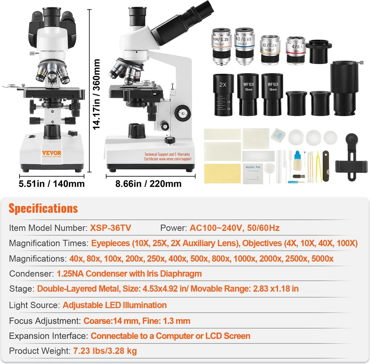 OEM Trinokularmikroskop, 40X-5000X Vergrößerung, einstellbare LED-Beleuchtung ,40X-5000X, Trinokular 1116