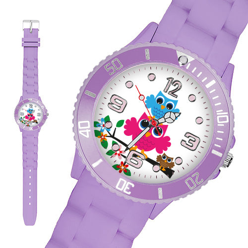 Taffstyle Kinder Armbanduhr Kinder Silikon Armbanduhr mit Eulen Motiv, Flieder / 34mm
