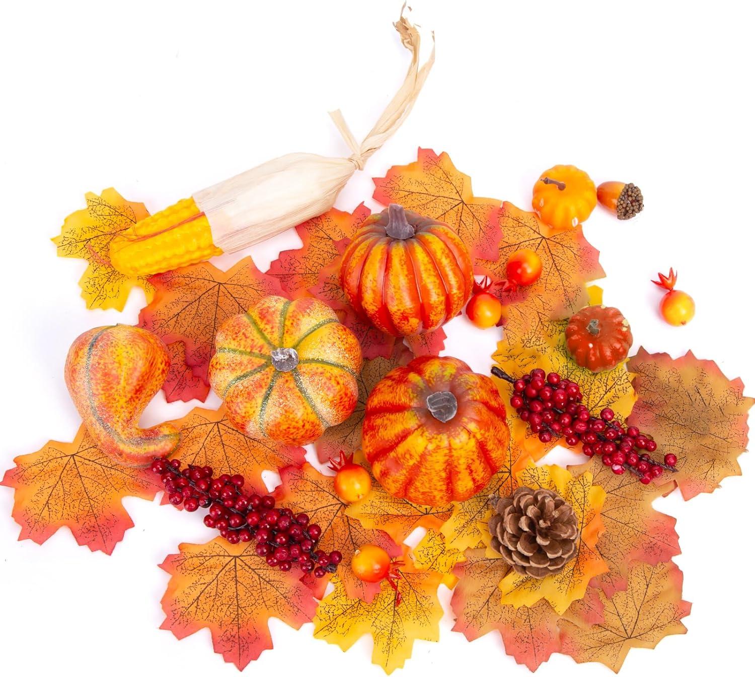 Nikcorp Künstliche Herbstdekorationen Orangefarbene Früchte Blätter Set 49-teilig