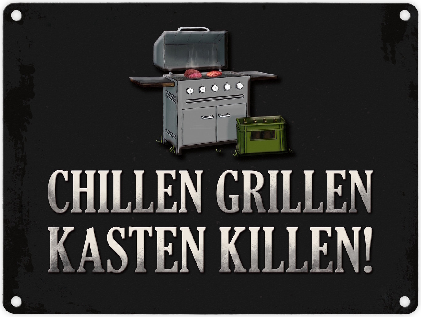 speecheese Chillen, grillen, Kasten killen Metallschild mit Grill Motiv Fleisch Bier Wurst