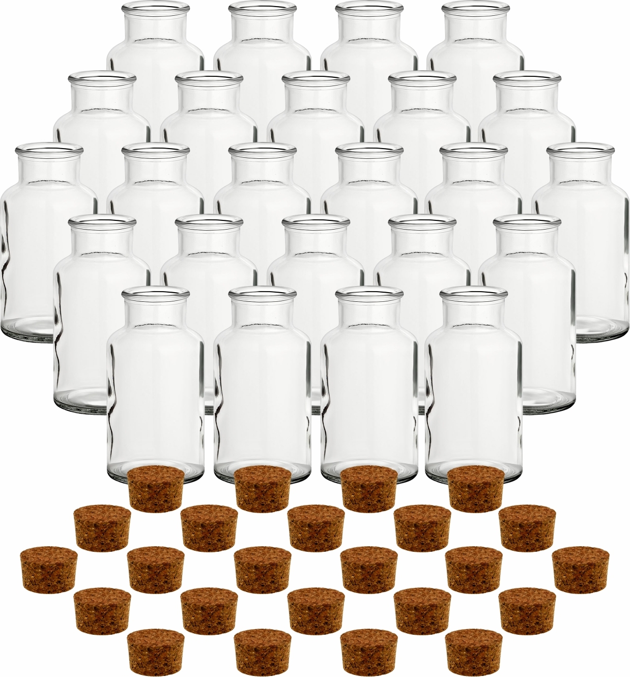 gouveo 24er Set Gewürzgläser 500 ml rund mit Korken - Runde Korkengläser mit Korkverschluss - Leere Vorratsgläser für Kräuter, Gewürze - Glasdose für Deko und Bastelutensilien