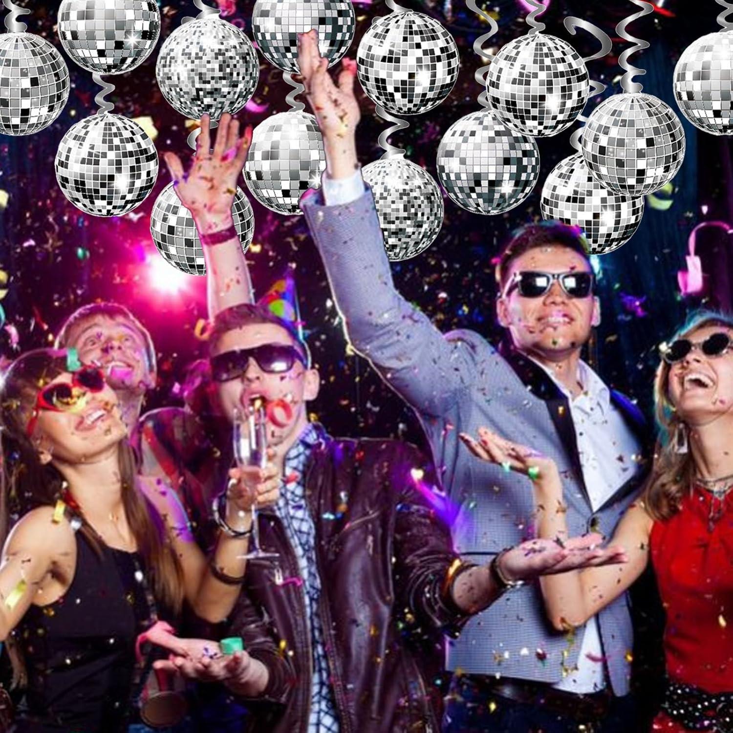 Markenlos Set von 36 glitzernden Disco-Kugel-Dekorationen - festliche Wirbel und Streamer für 70er- und 80er-Jahre Retro-Disco-Themenparty
