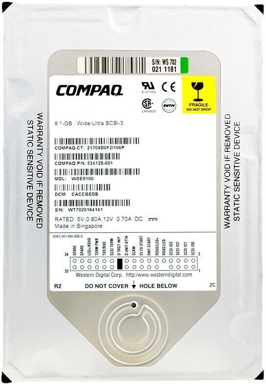 Western Digital Compaq WDE9100 SCSI 68pin 9.1GB 7200Rpm 334128-001