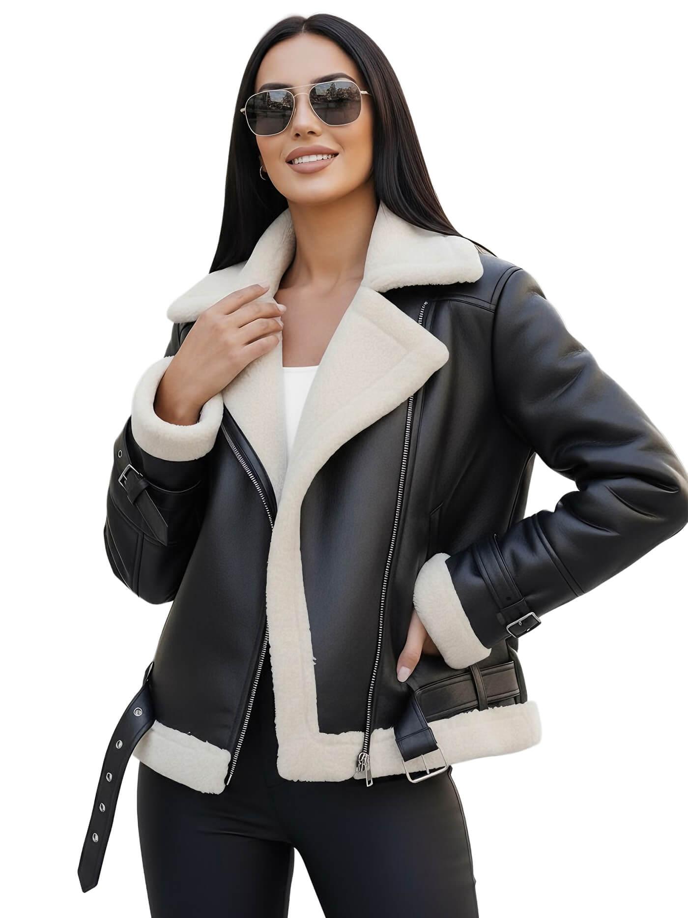 Damen Lederjacke Schwarz-Weiß OZONEE JS/11Z8177 L