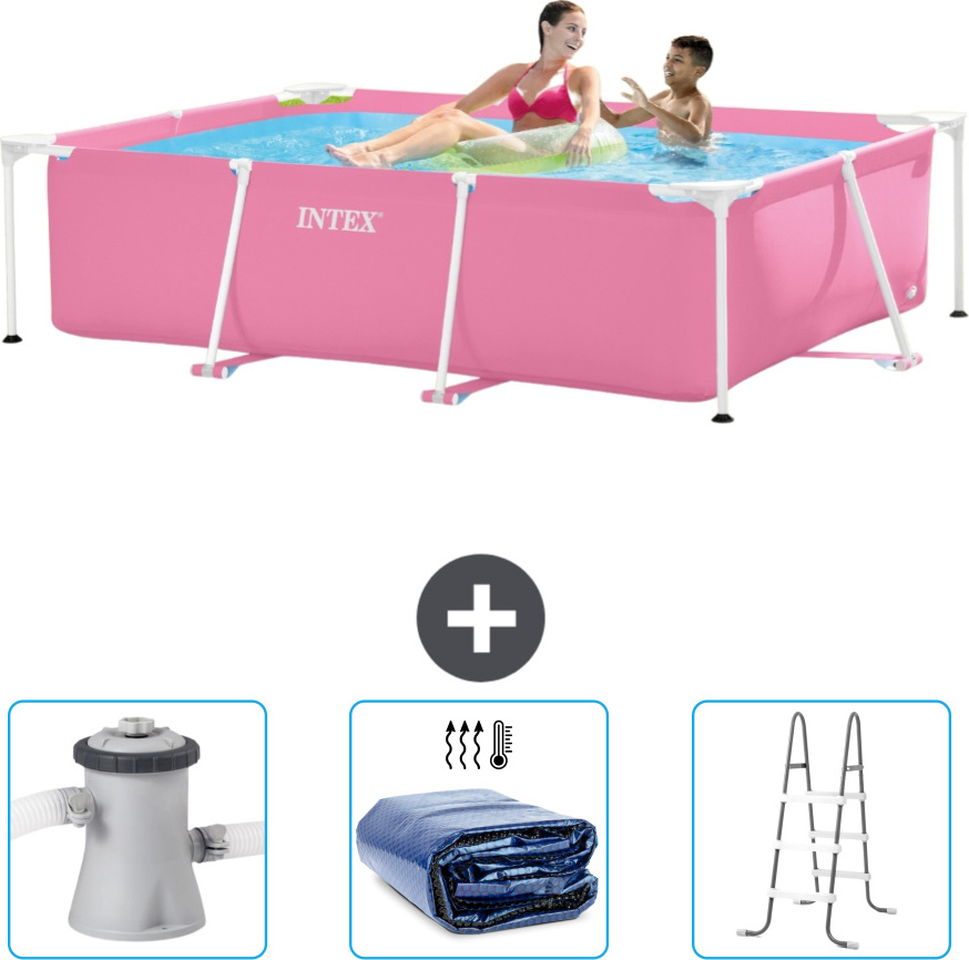 Bazén Intex s obdĺžnikovým rámom - 220 x 150 x 60 cm - Ružový - Súčasťou dodávky je filtračné čerpadlo pre bazén - Slnečná plachta - Rebrík