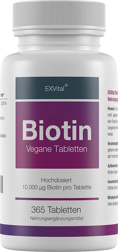 Biotin für Haare, Haut und Fingernägel hochdosiert von EXVital, 365 Tabletten
