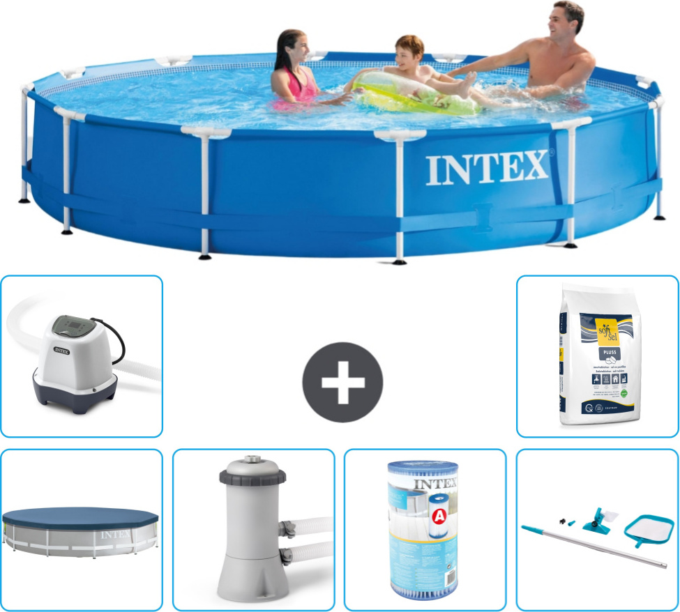 Bazén Intex s okrúhlym rámom - 366 x 76 cm - modrý - vrátane krytu - filtračné čerpadlo pre bazén - filter - čistiaca súprava - systém slanej vody - bazénová soľ
