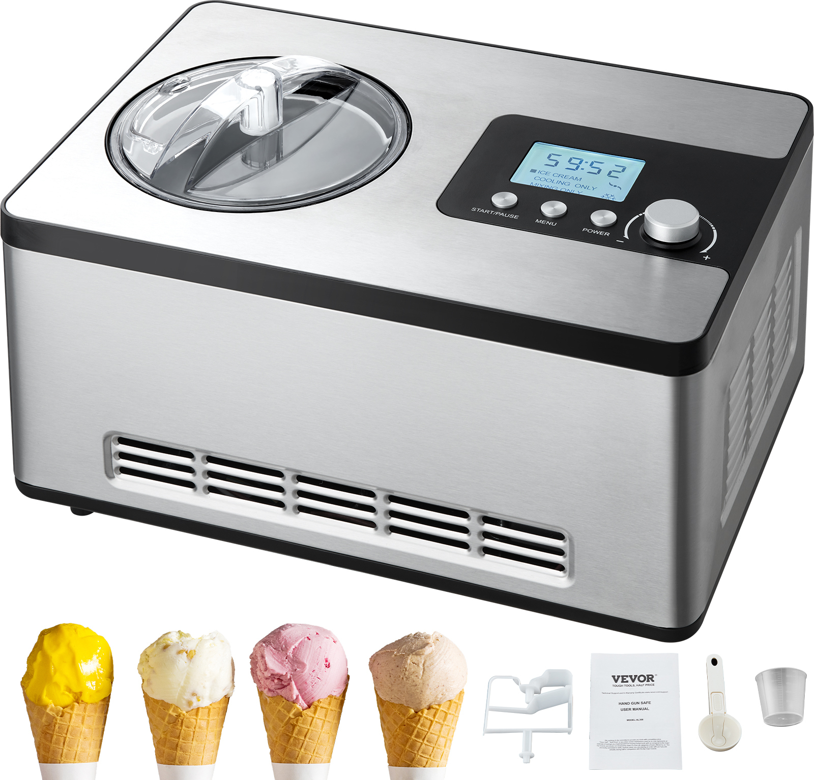 VEVOR Kompressor Eismaschine Eiscrememaschine 2 L, 180 W Frozen Joghurtbereiter Speiseeismaschine 3 Modi Joghurtmaschine Haushalt, Tragbare Eismaschine Sorbet Gelato Geräuscharm Silber Elektrisch