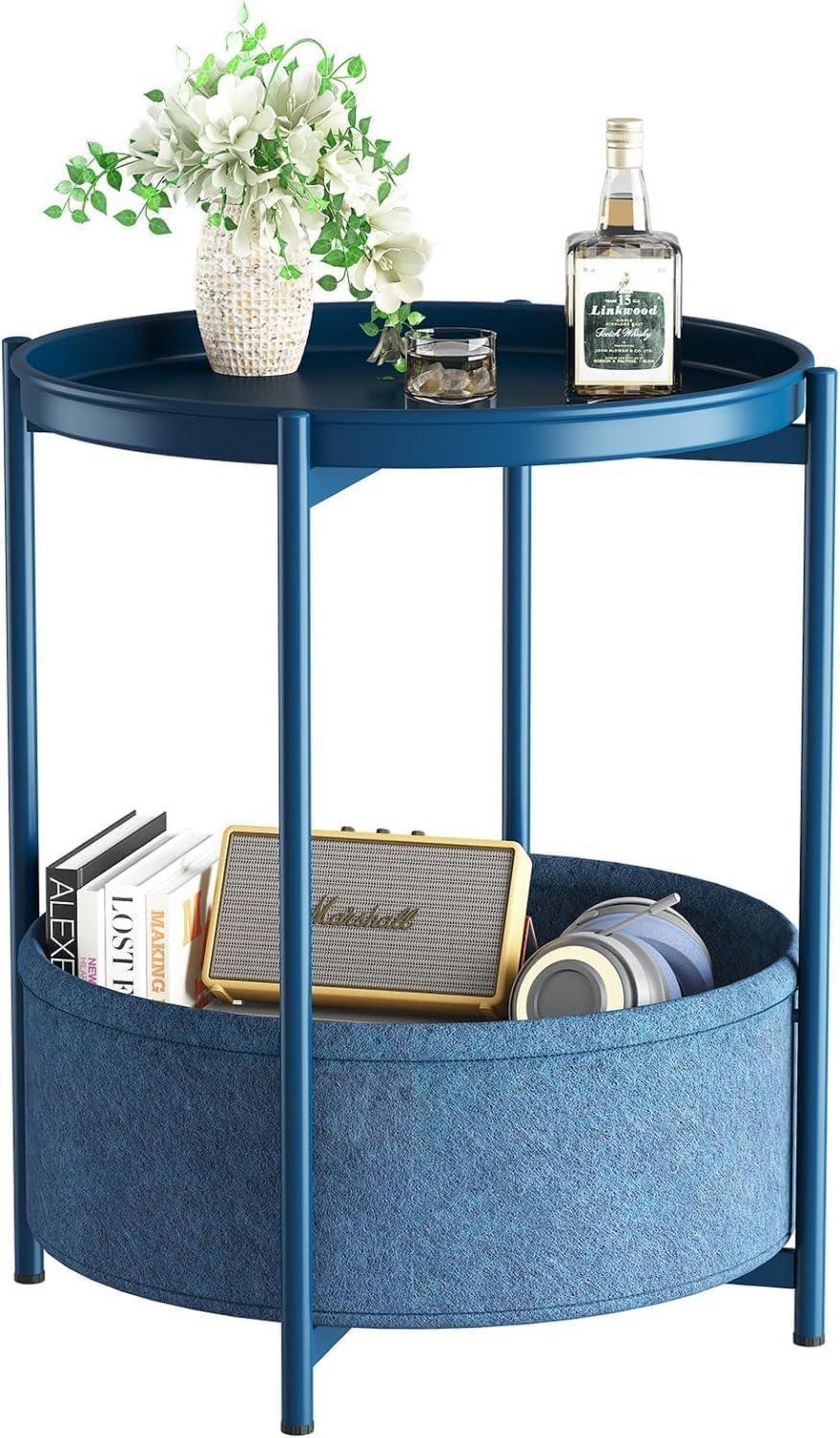 Sonstige Runder Beistelltisch mit Stoffkorb in Blau, Moderner Stil