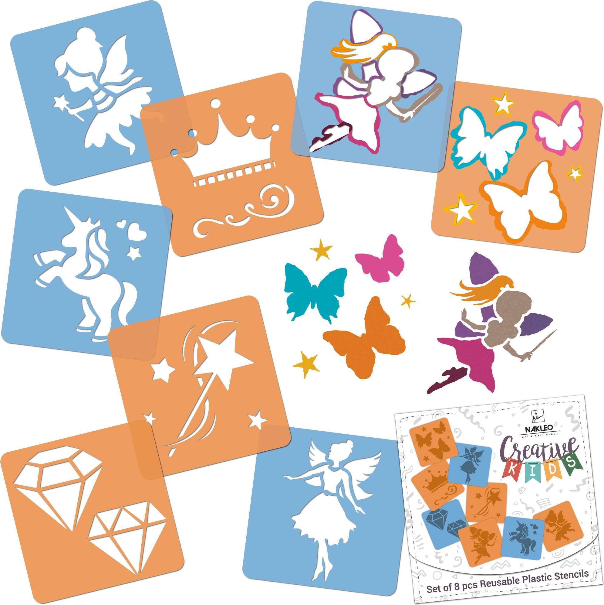 Nakleo Schablonen Malen für Kinder, 8 Stück Set 15x15 cm Feen Sagen, Kinder Kreatives Zeichenschablonen, Kunststoff Wiederverwendbar Malschablone SZA-CRE-010